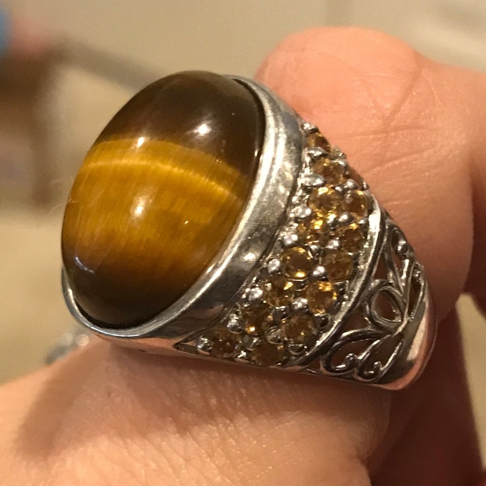 QVC Sterling Silver 925 Tiger's Eye & Citrine Ring Size 9